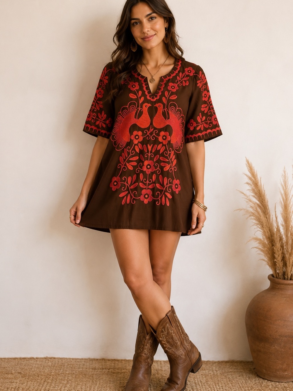 Tory Burch Embroidered Tunic Dress Boho Festival Peacock Floral Cotton Size 12